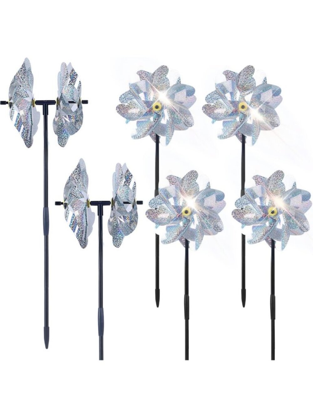 Reflective Garden Pinwheels - Sparkly Wind Spinners to Scare Birds & Animals, 6